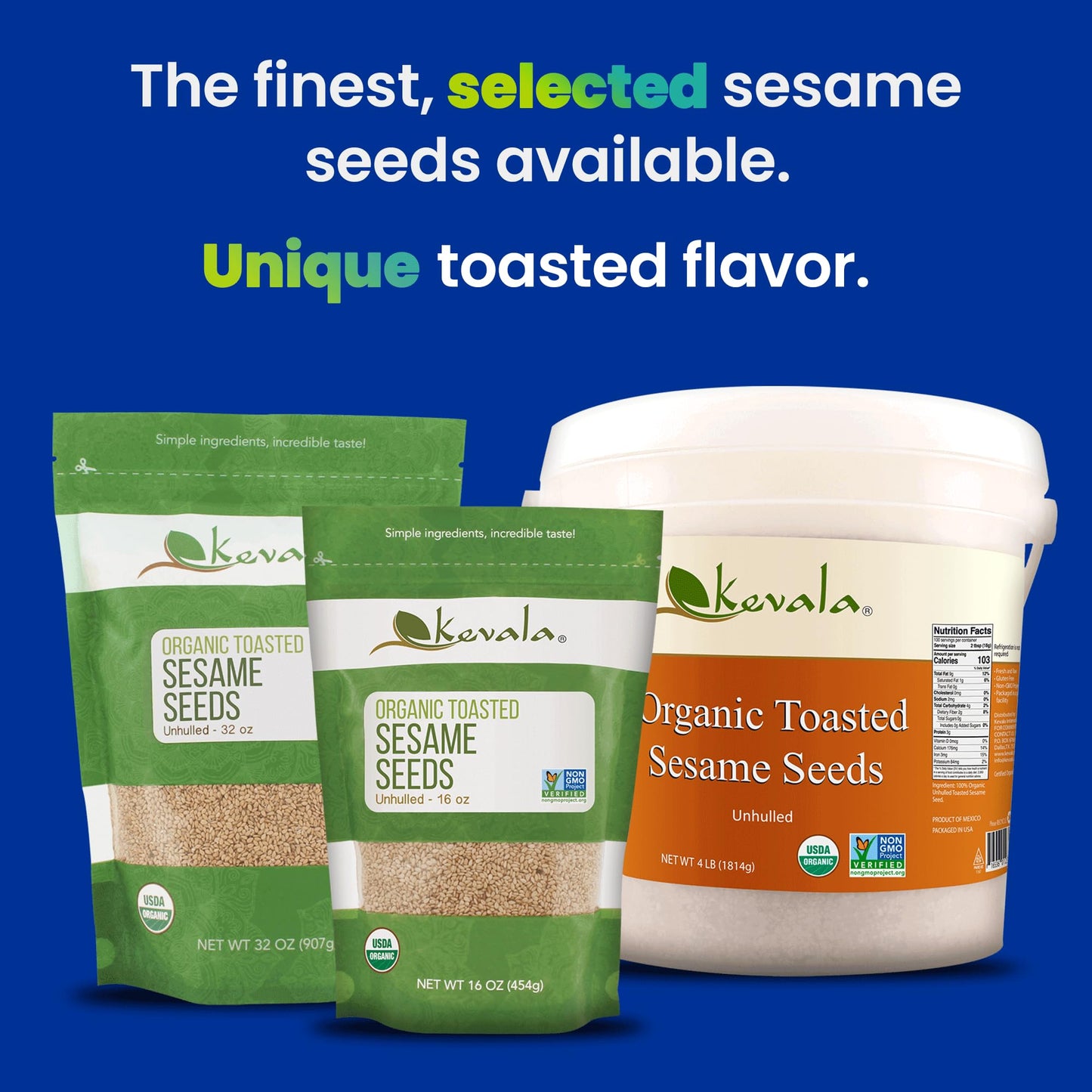 Kevala Organic Toasted Sesame Seeds, Unhulled, 4 lb