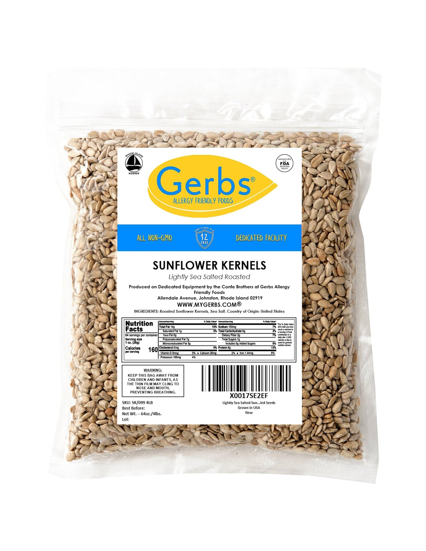 GERBS Roasted Sunflower Seed Kernels, Lightly Sea Salted, 4 lbs, Gluten Free, Non-GMO, Vegan, Resealable Bag