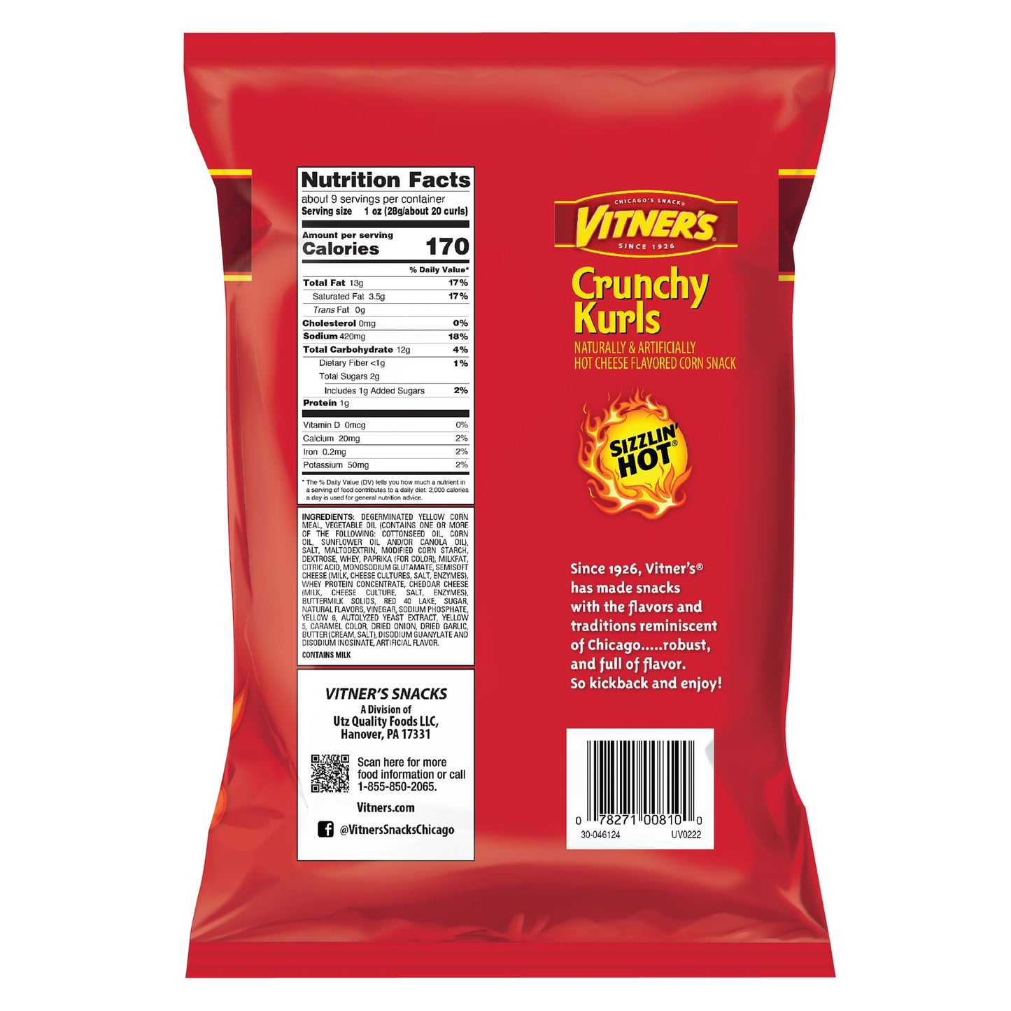Vitners Sizzlin Hot Crunchy Kurls  8.75 oz Bags (Pack of 16) - Bold & Spicy Cheese Flavored Corn Snacks | Intense Crunch | Chicago Food