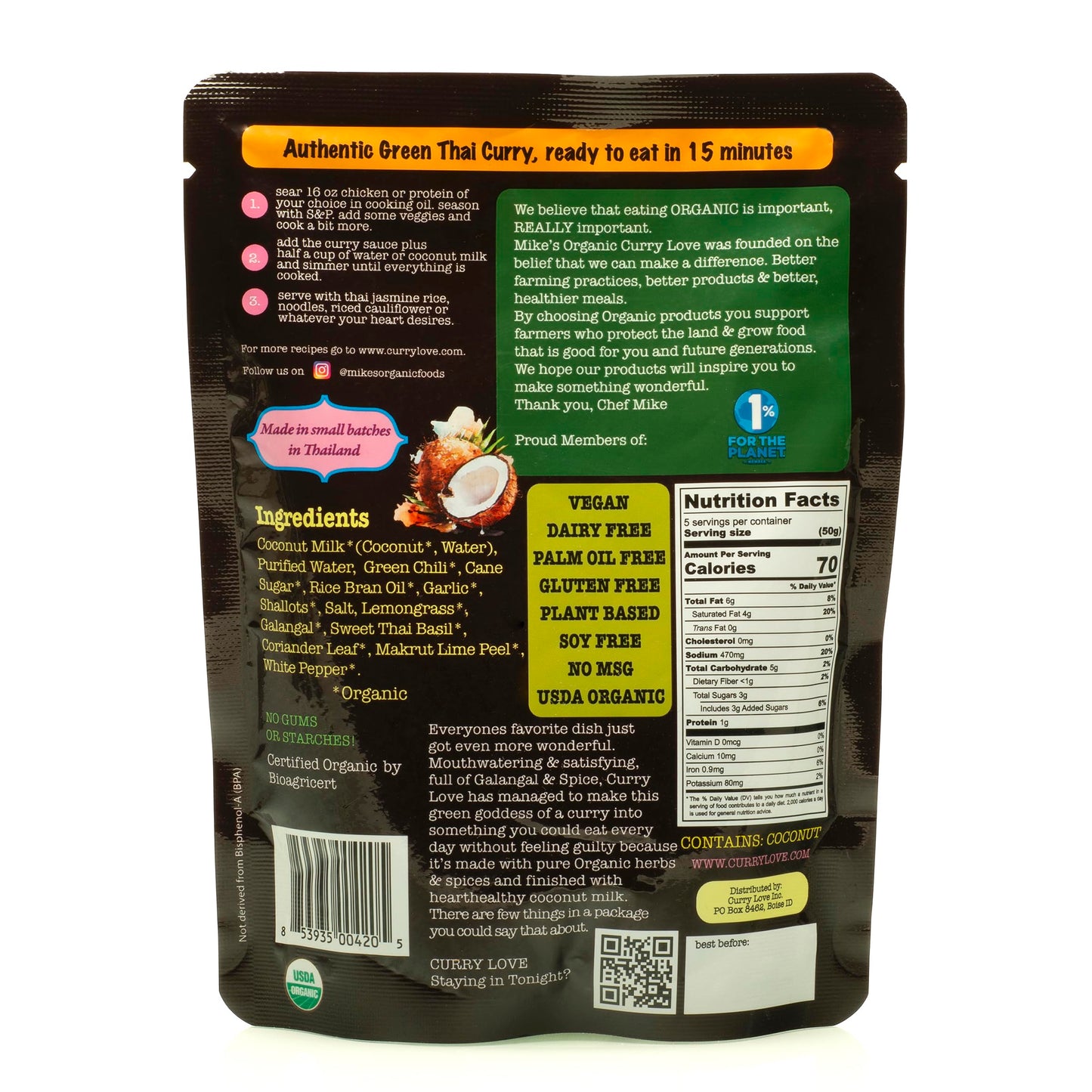 MIKES ORGANIC CURRY LOVE Green Thai Curry Sauce, Authentic, 6 x 8.8 oz Pouches