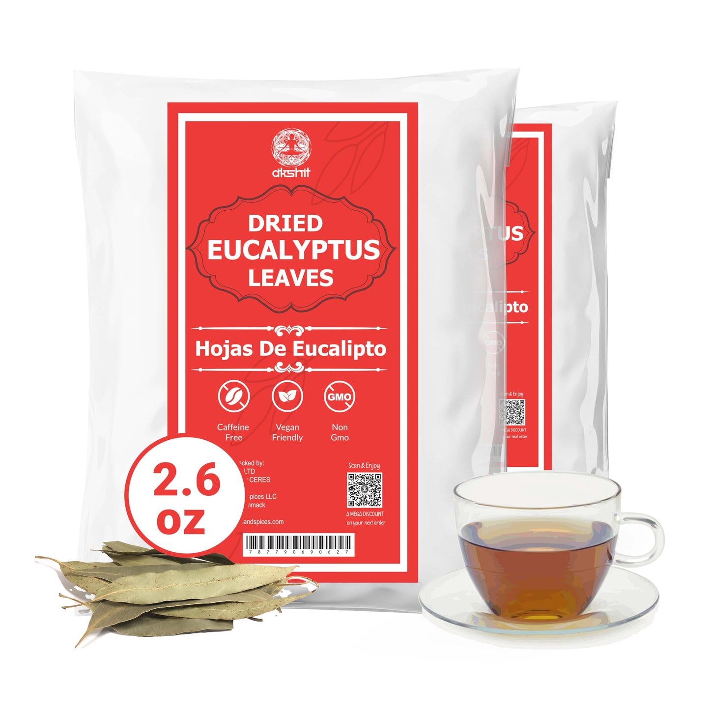 Akshit Organic Dried Eucalyptus Leaves, Caffeine-Free Herbal Tea, 2.6oz (Pack of 2)