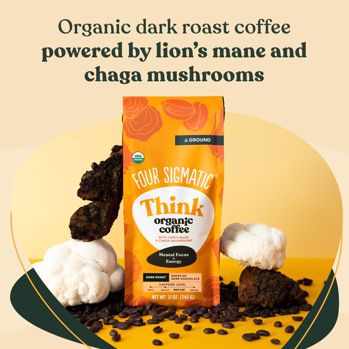 Four Sigmatic Think Mushroom Coffee | Organic Ground Coffee with Lions Mane Mushroom and Chaga Mushroom | 12oz Bag