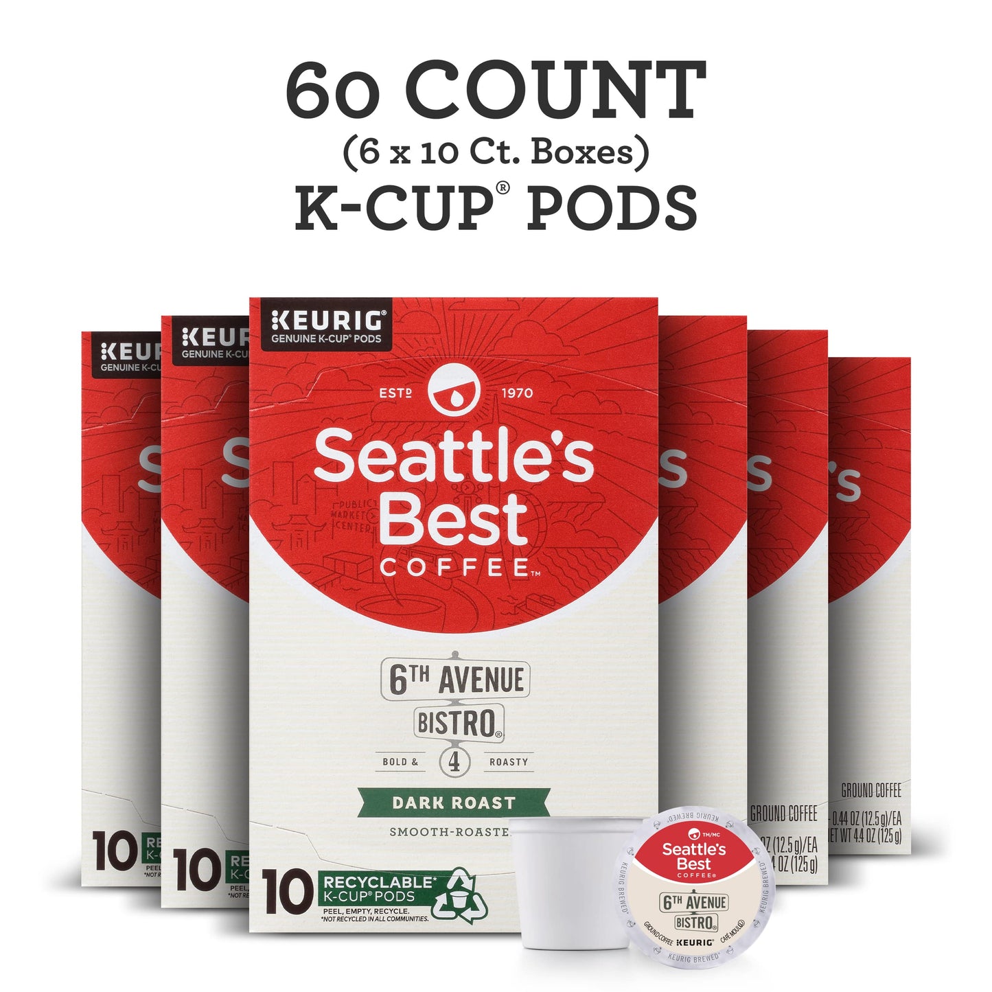 Seattle's Best Coffee 6th Avenue Bistro Dark Roast K-Cup Pods, 10 Count (Pack of 6) - Premium Coffee for Keurig Brewers