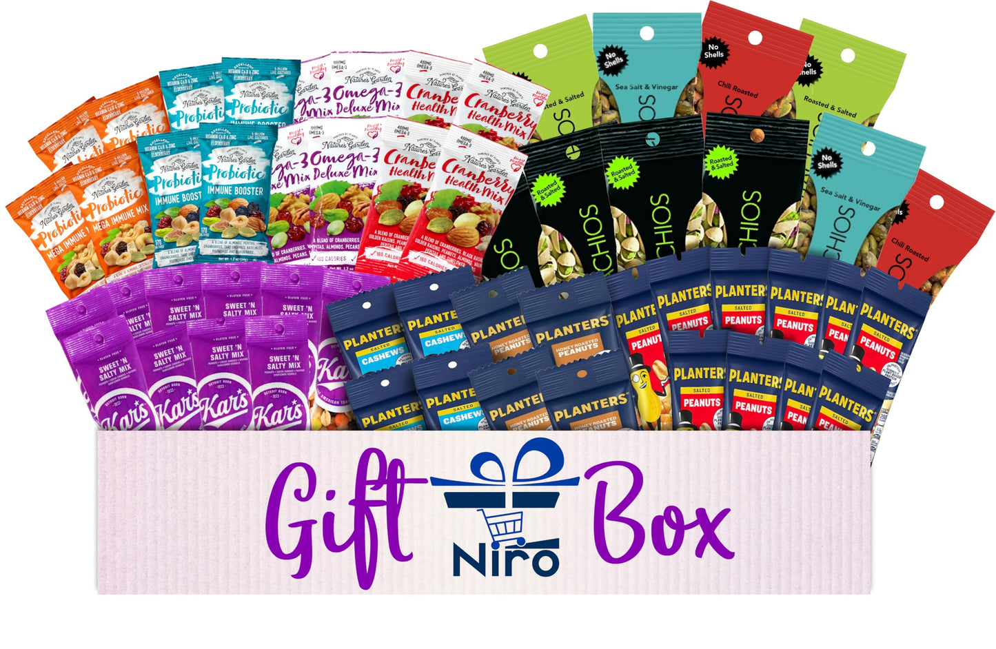 Niro Gift Basket | Nut And Trail Mix Assortment | 12 Different Flavors | 54 Packs Of Nuts And Trail Mixes
