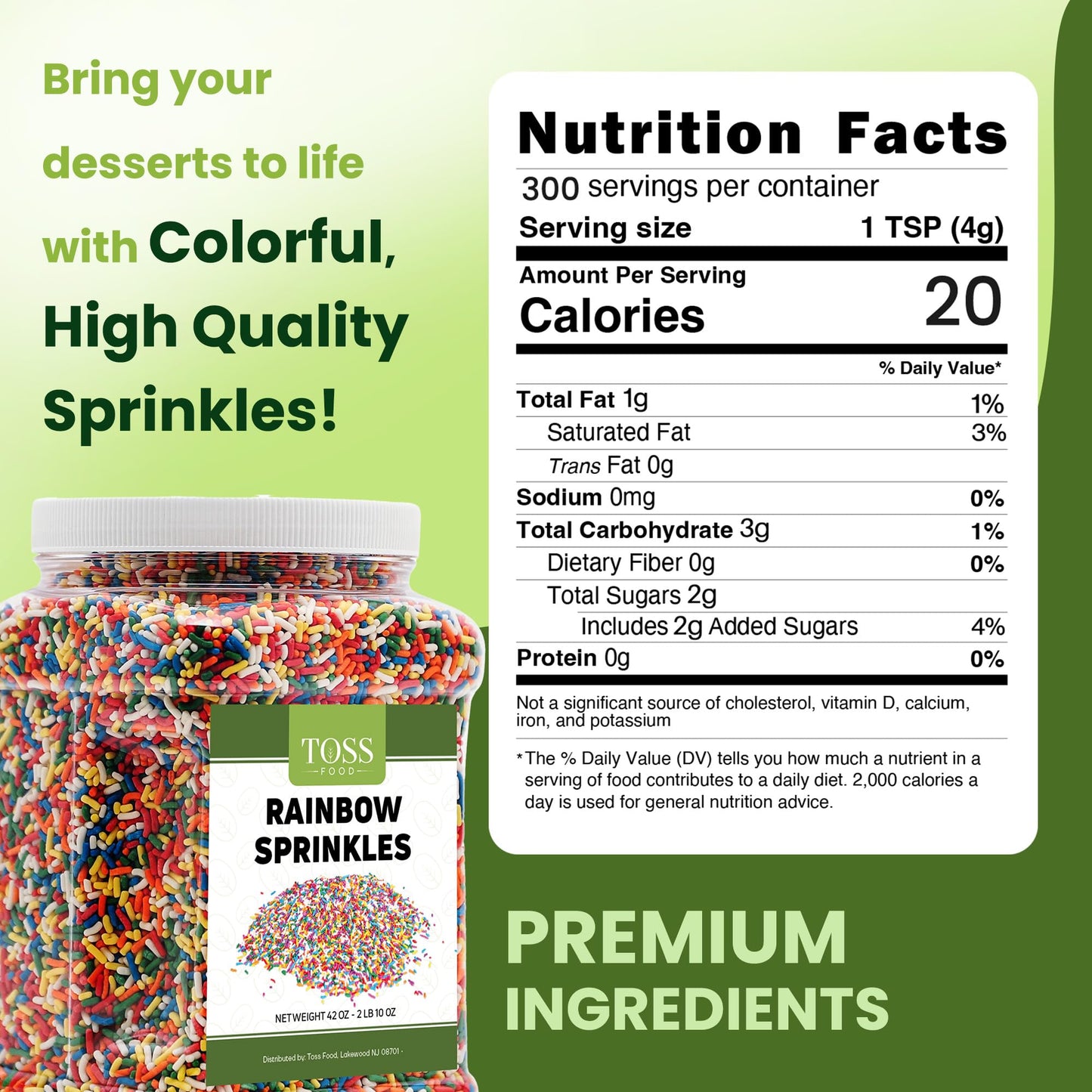 Toss Rainbow Sprinkles Jimmies, 14 Oz, Decorating Topping For Baking, Ice Cream, Cake, Cupcakes, Resealable Container