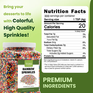 Toss Rainbow Sprinkles Jimmies, 14 Oz, Decorating Topping For Baking, Ice Cream, Cake, Cupcakes, Resealable Container
