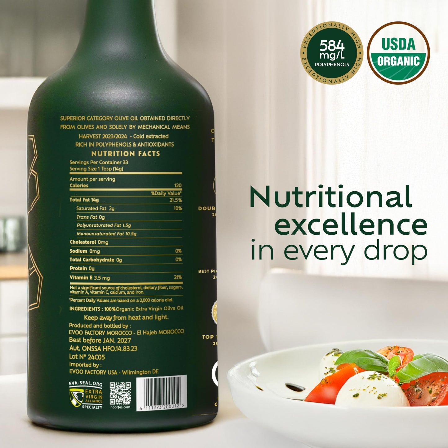 NOOR FÈS Extra Virgin Olive Oil | USDA Organic | Polyphenol Rich 584 mg/kg | 17 fl oz | Moroccan Picholine