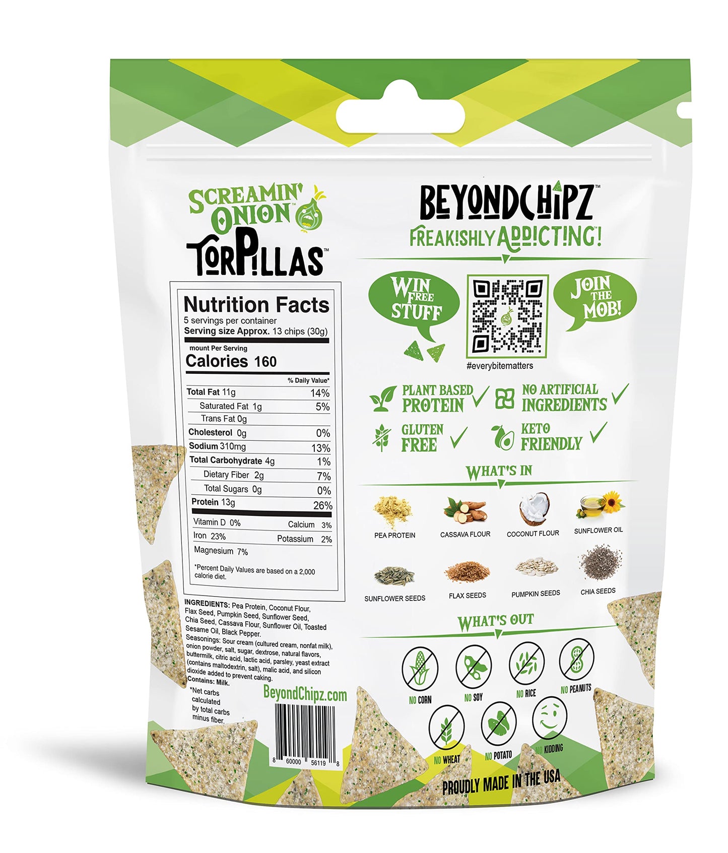 Beyondchipz Low Carb Tortilla Chips, Screamin' Onion, Keto Friendly, Gluten Free, 5.3Oz Bag, Pack Of 2