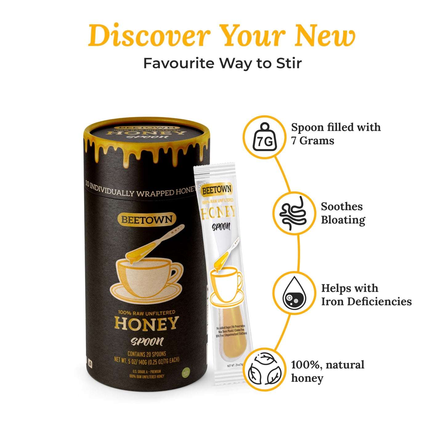 Elephant Park 100% Raw Unfiltered Honey Spoon Stirrer 20 Pack Premium Us Grade A Non-Gmo Individually Wrapped And Sealed On The
