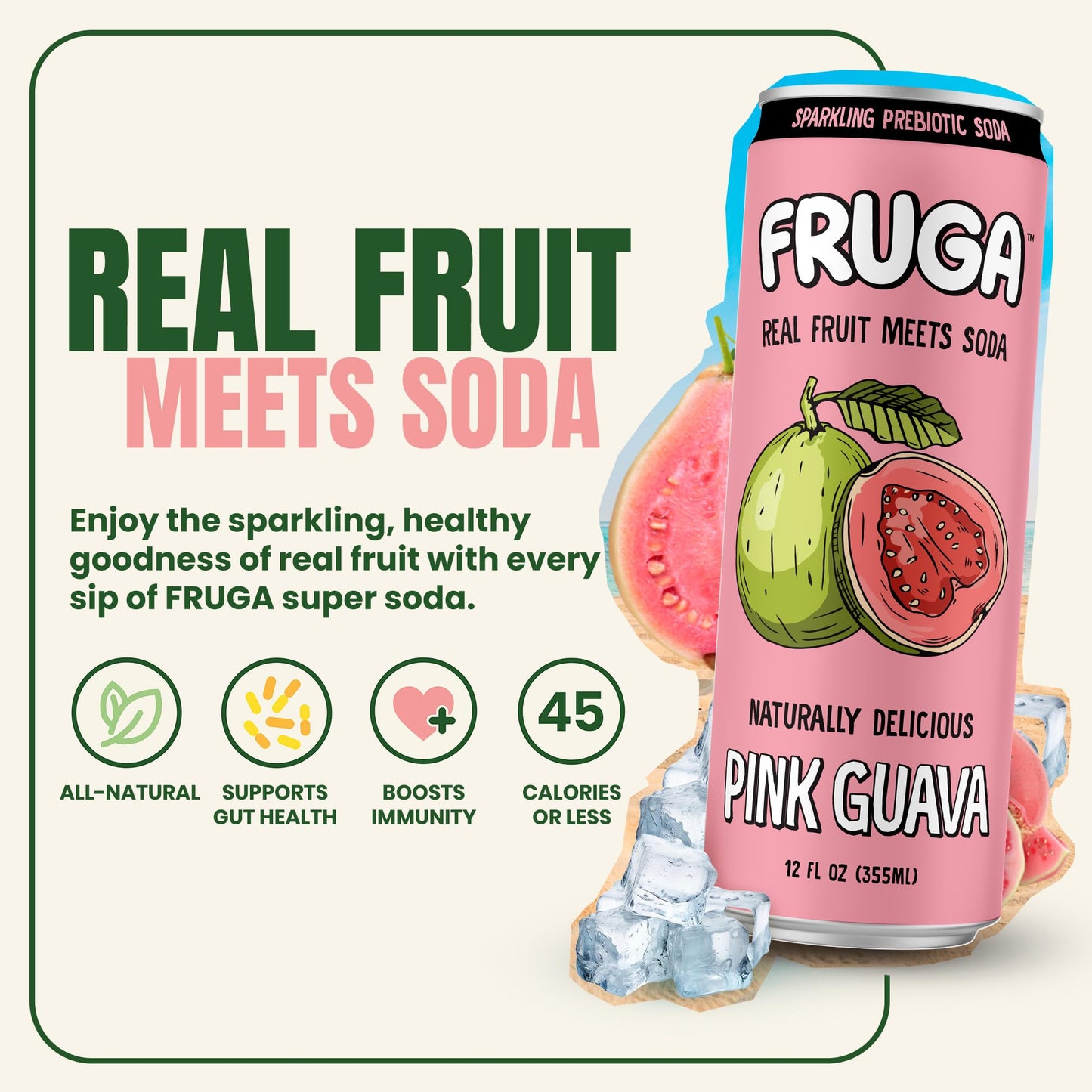 FRUGA Sparkling Fruit Soda, Prebiotic, Low Calorie, 12 Fl Oz, Pack of 12