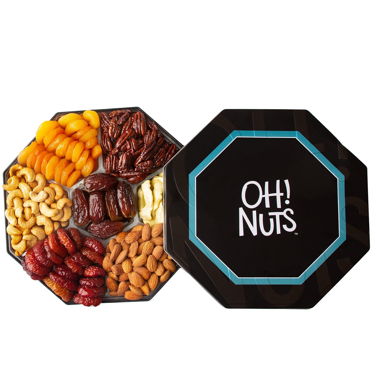 Oh! Nuts Dried Fruit and Nuts Gift Basket - 7 Variety Gift Tin Box - Healthy Snack for Birthday, Anniversary, Corporate - Hexagon Design