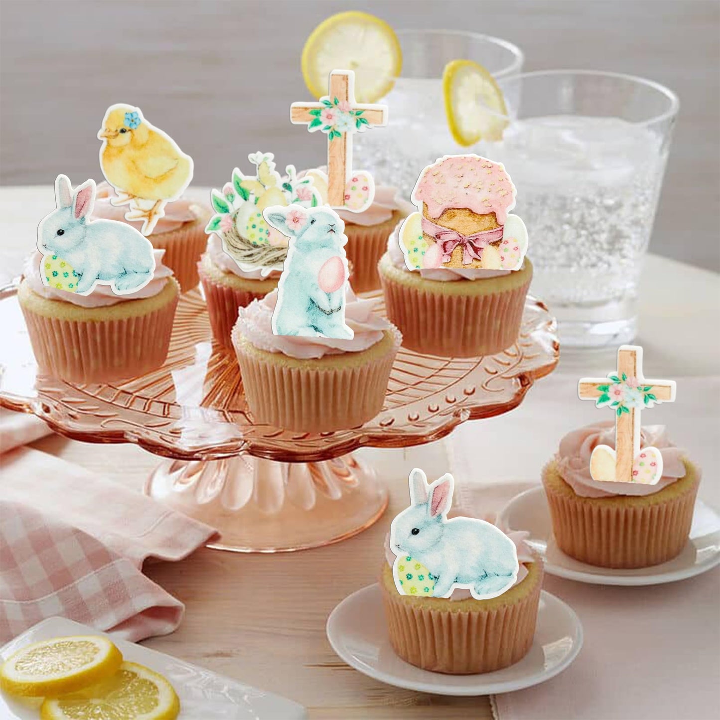 Gyufise 48Pcs Edible Happy Easter Cupcake Toppers Wafer Paper Rabbit Eggs Cupcake Picks Edible Bunny Cake Decors For Spring Theme Baby Shower Birthday Party Supplies