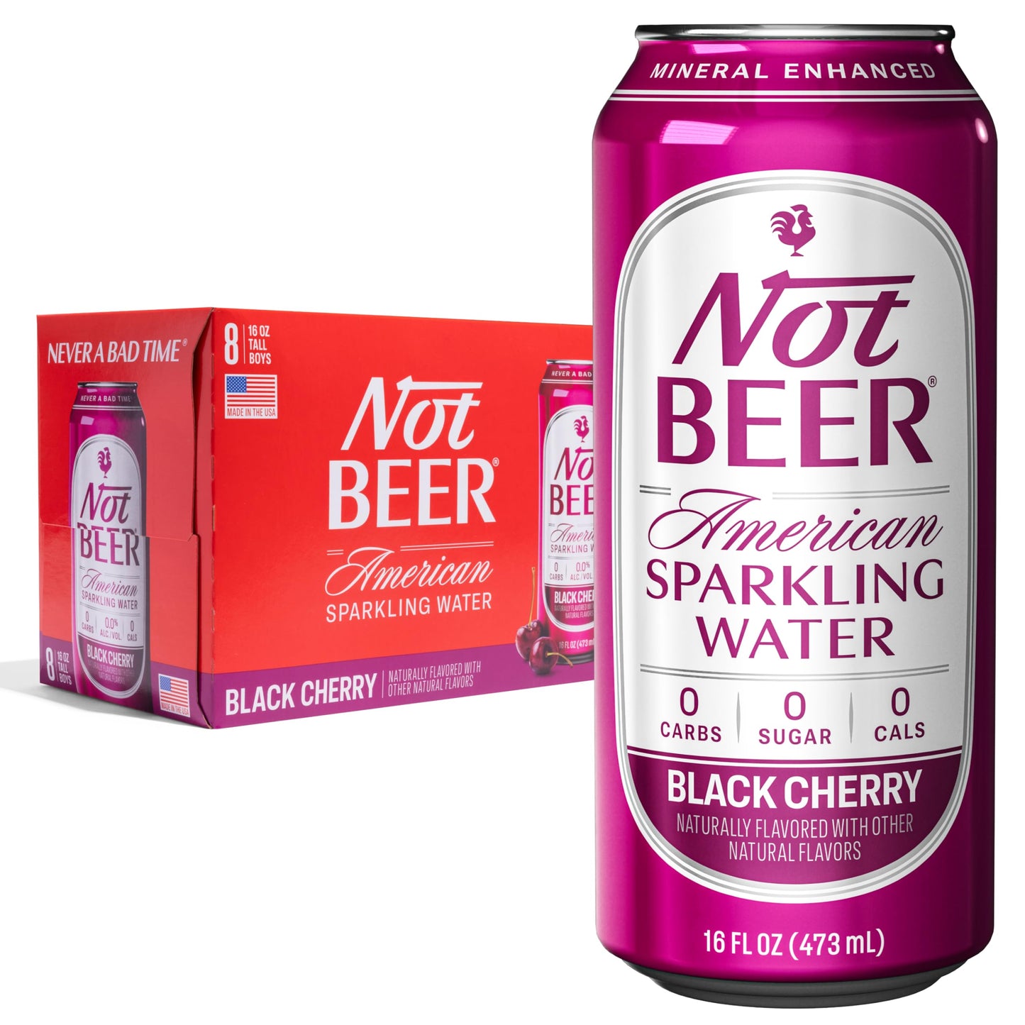 Not Malt Drink American Sparkling Water  Black Cherry  99.9% Pure  Mineral & Electrolyte Blend  Carbonated Water  Soda Water  Sparkling Water Cans  Made In America  16 Oz Tallboy Cans  8 Pack