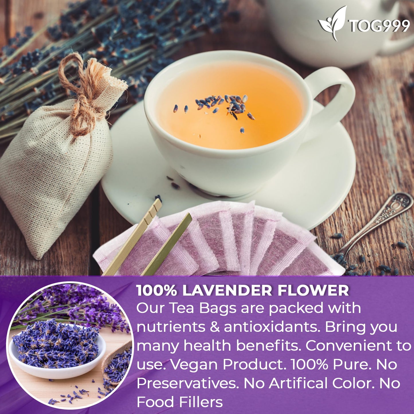 TOG999 Lavender Flower Tea Bags, 100% Natural, Caffeine-Free, Vegan, 120 Bags