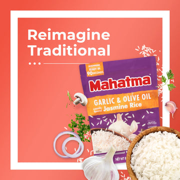 Mahatma Ready To Heat Garlic & Olive Oil–Flavored Jasmine Rice, Precooked Rice, Microwaveable In 90 Seconds, Six 8.8-Ounce Bags