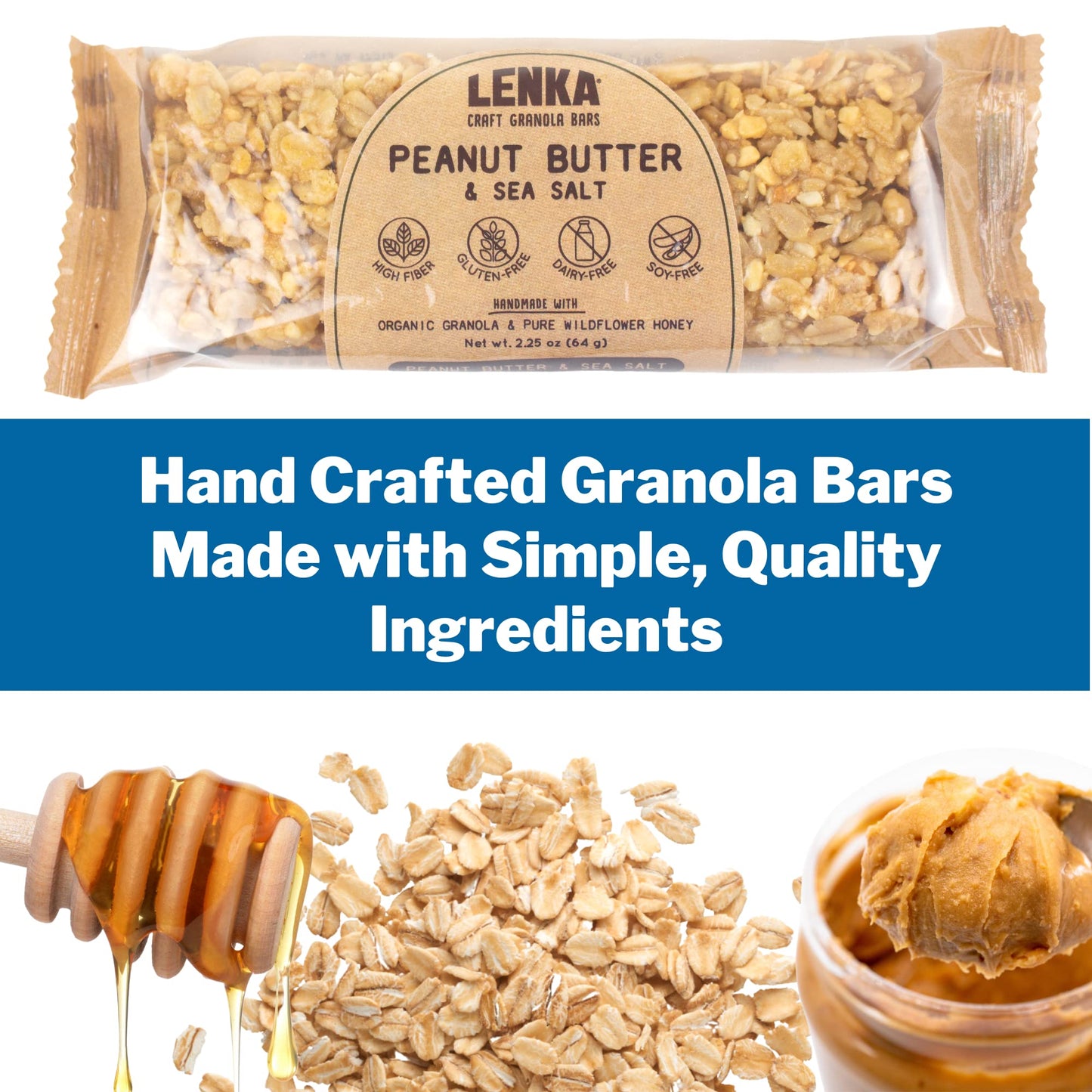 Lenka Handmade Craft Granola Bars - Peanut Butter With Sea Salt Gluten Free High Fiber - Sweet & Salty Chewy Organic Granola Bar