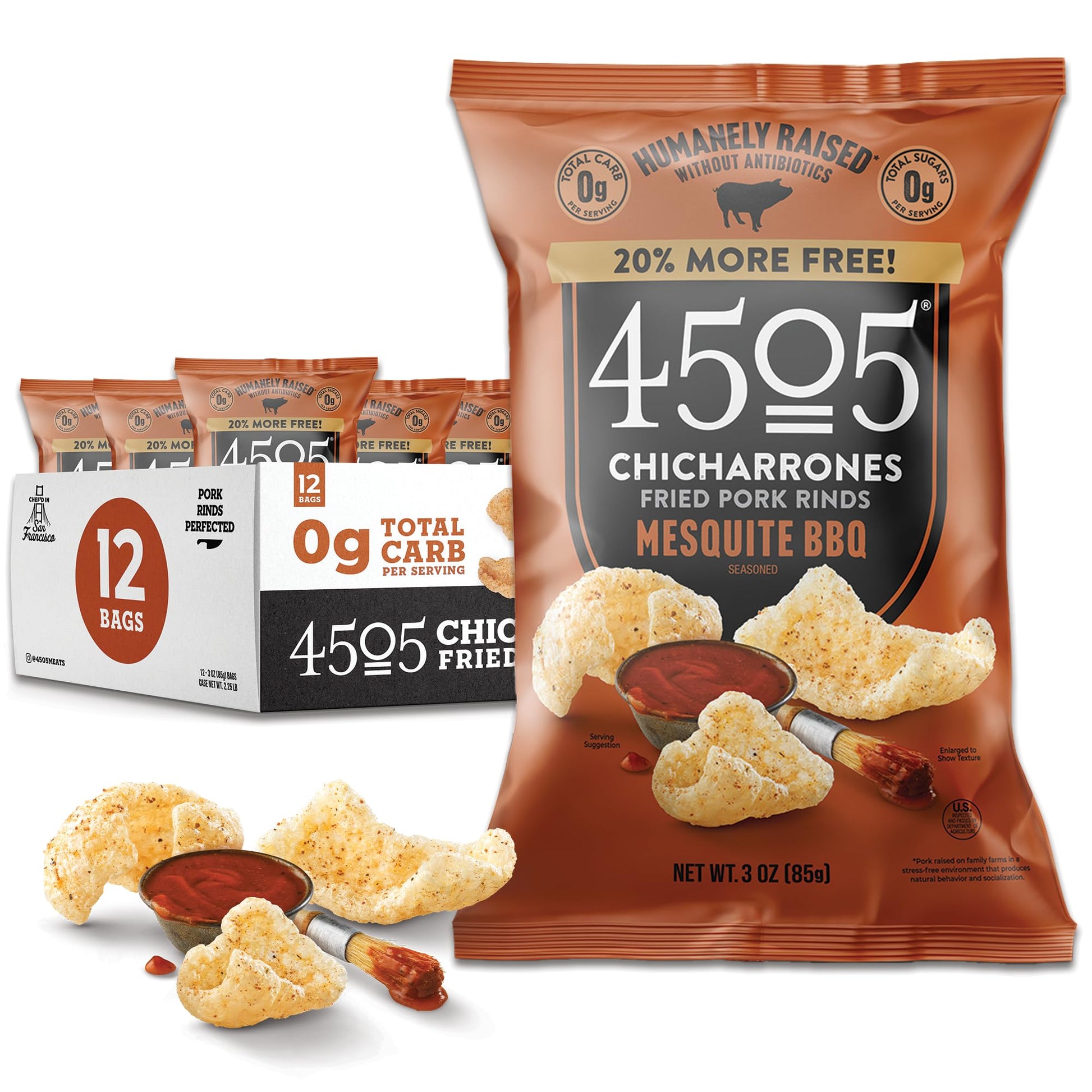 4505 BBQ Seasoned Chicharrones, Fried Pork Rinds - Barbeque Flavored Pork Skins - Low Carb, Gluten-Free, Protein Snack - 3oz (Pa