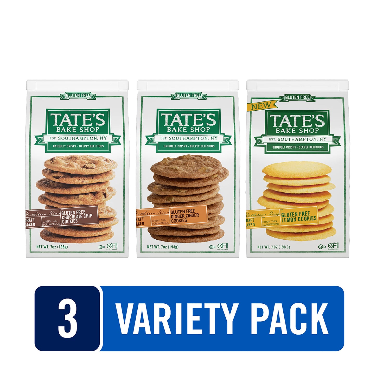 Tate'S Bake Shop Gluten Free Cookies Variety Pack, Lemon, Ginger Zinger And Chocolate Chip Cookies, 3 - 7 Oz Bags