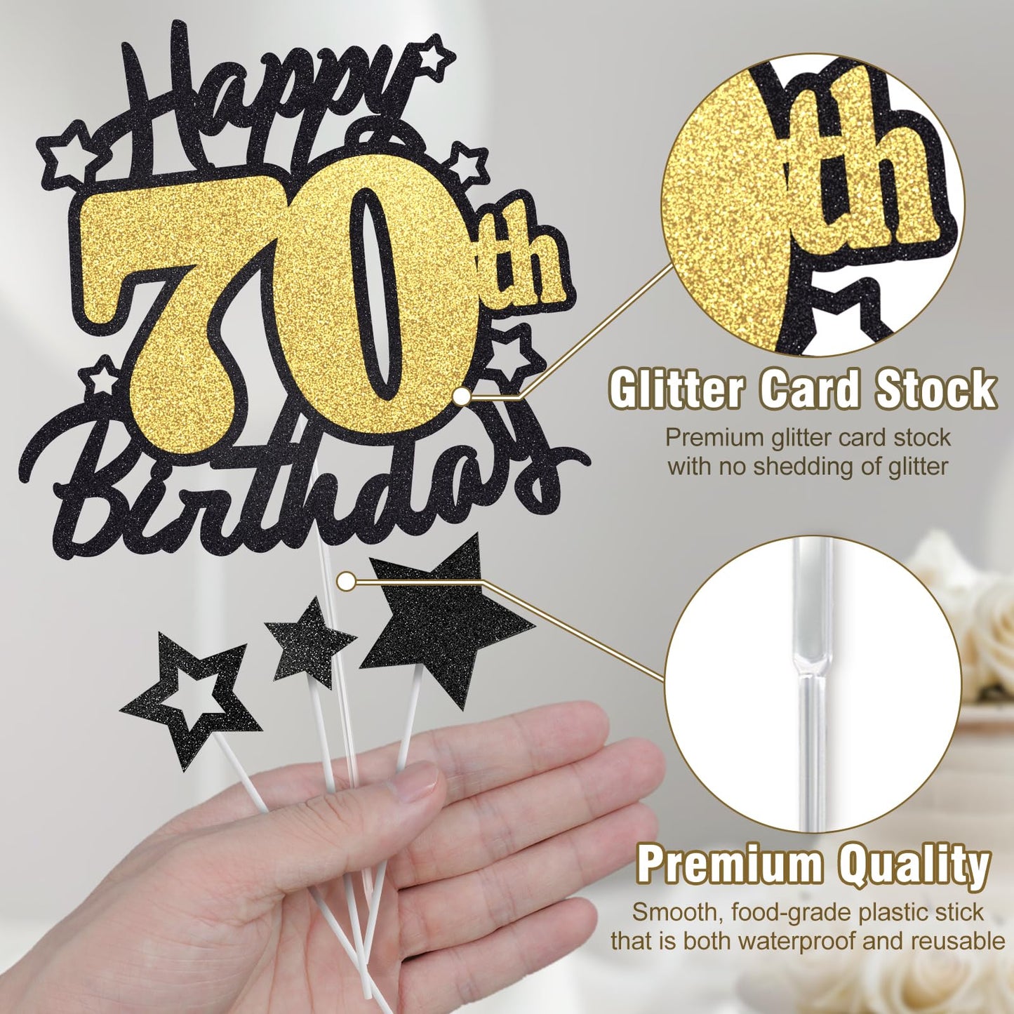 Happy 70Th Birthday Cake Topper, Black And Gold Glitter Cake Toppers, 70 Year Birthday Party Cake Decoration