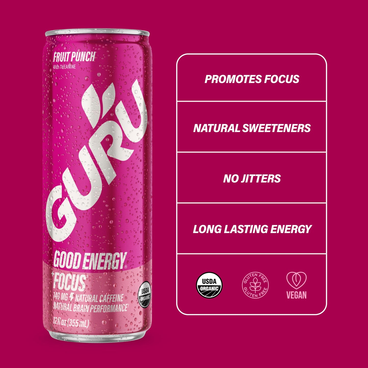 GURU Fruit Punch Organic Energy Drinks  Clean Energy Drink with Plant Based Natural Caffeine from Green Tea + Focus with L Theanine  Gluten Free and Vegan  140MG Caffeine  12oz (Pack of 12)