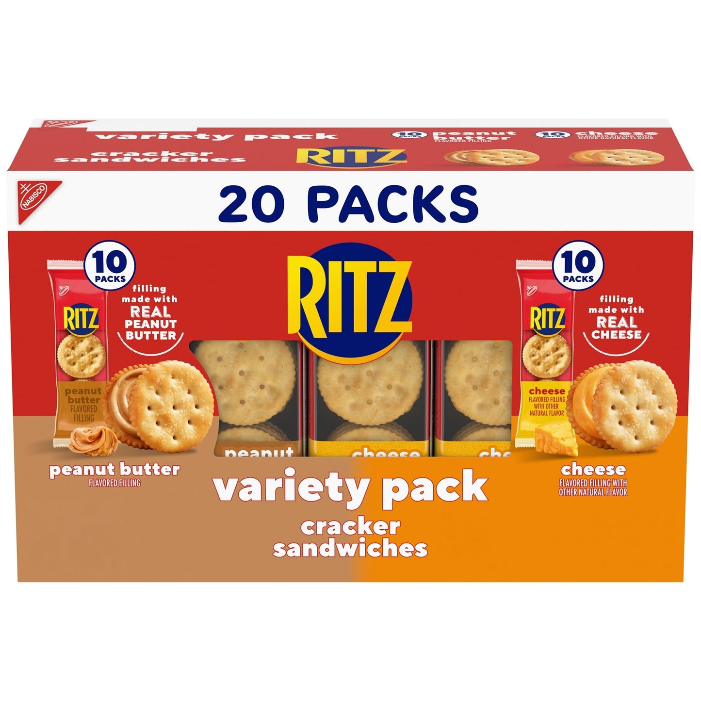 RITZ Peanut Butter and Cheese Sandwich Crackers Variety Pack, Lunch Snacks, 20 Snack Packs (6 Crackers Per Pack)