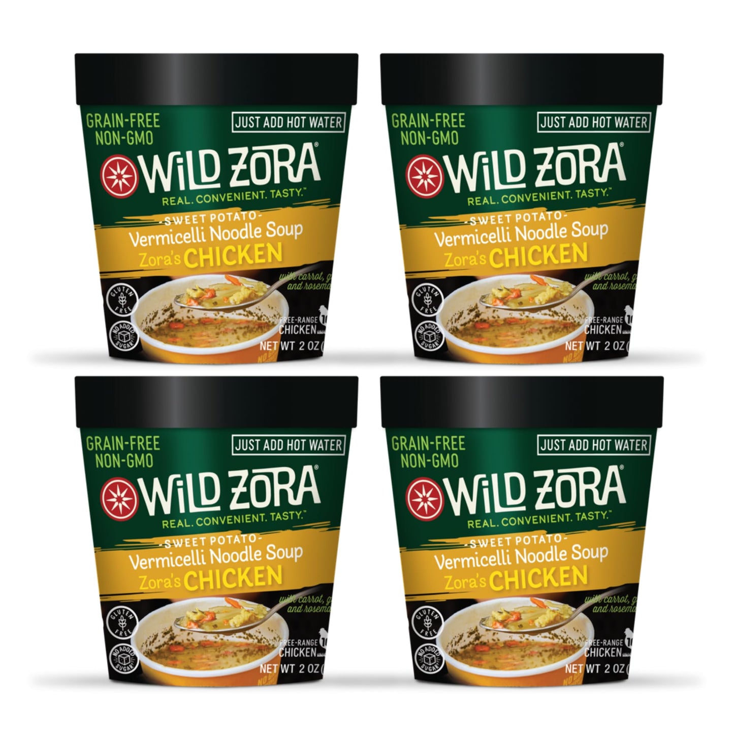 Wild Zora Chicken Noodle Soup Cup, 4 Pack, Paleo, AIP Friendly, Gluten-Free, Grain-Free Vermicelli Glass Noodles, Instant Ramen 