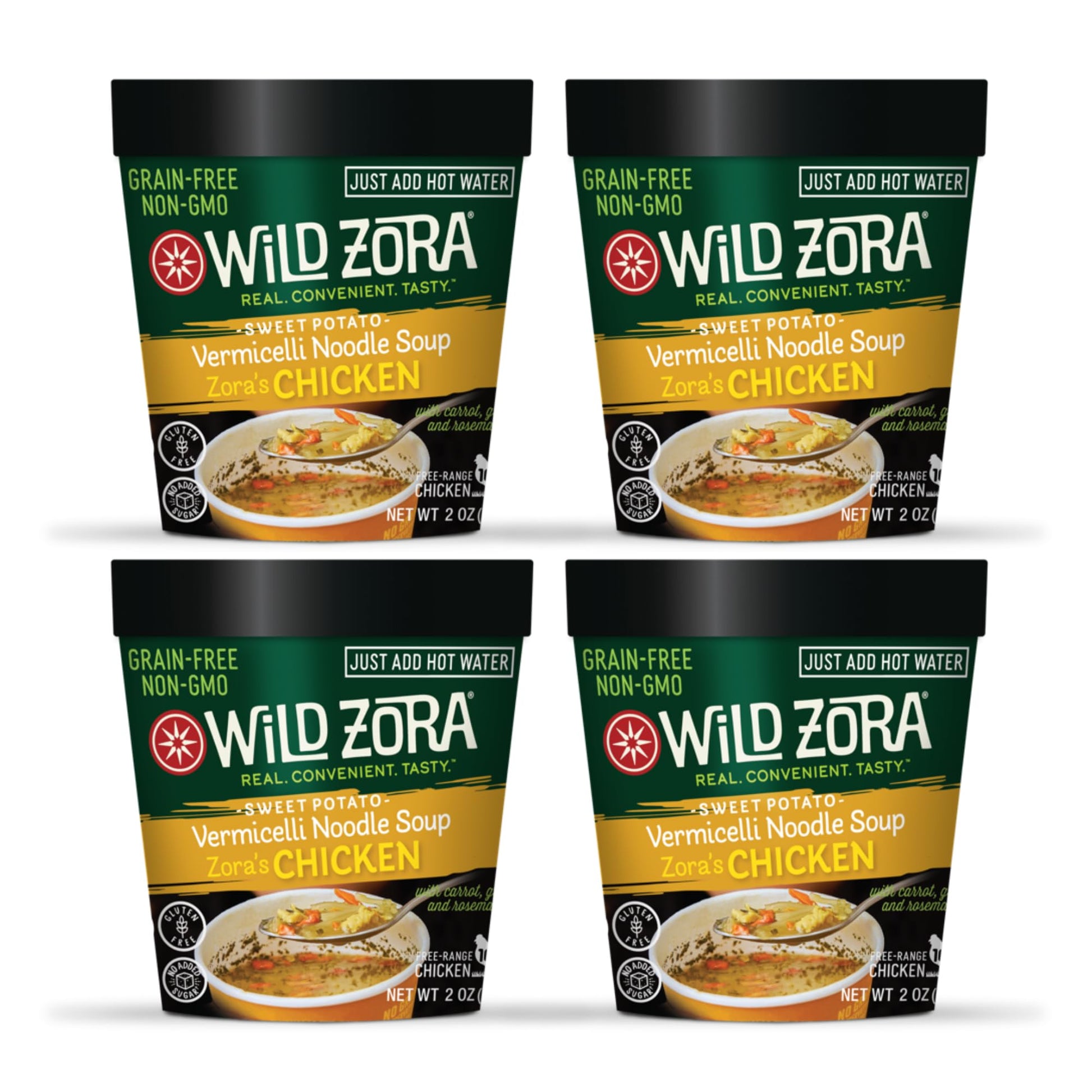 Wild Zora Chicken Noodle Soup Cup, 4 Pack, Paleo, AIP Friendly, Gluten-Free, Grain-Free Vermicelli Glass Noodles, Instant Ramen 