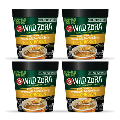 Wild Zora Chicken Noodle Soup Cup, 4 Pack, Paleo, AIP Friendly, Gluten-Free, Grain-Free Vermicelli Glass Noodles, Instant Ramen 