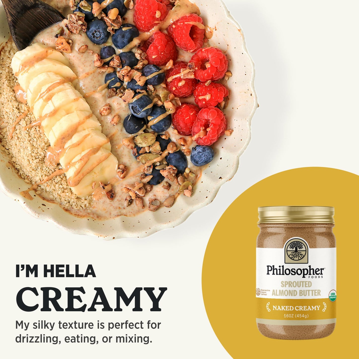 Philosopher Foods - Naked Creamy + Crunchy Organic Sprouted Almond Butter - 16 Oz (Pack Of 2) - Stone Ground Regenerative Organi