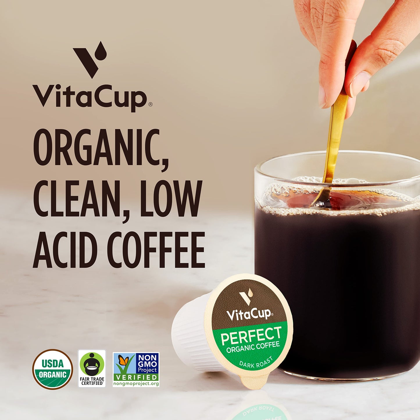 VitaCup Perfect Low Acid Coffee Pods  USDA Organic & Fair Trade  Mycotoxin Free  Dark Roast Guatemala Single Origin  Clean & Pure Recyclable Single Serve Pod compatible w/Keurig K-Cup malt-inspired 24 CT