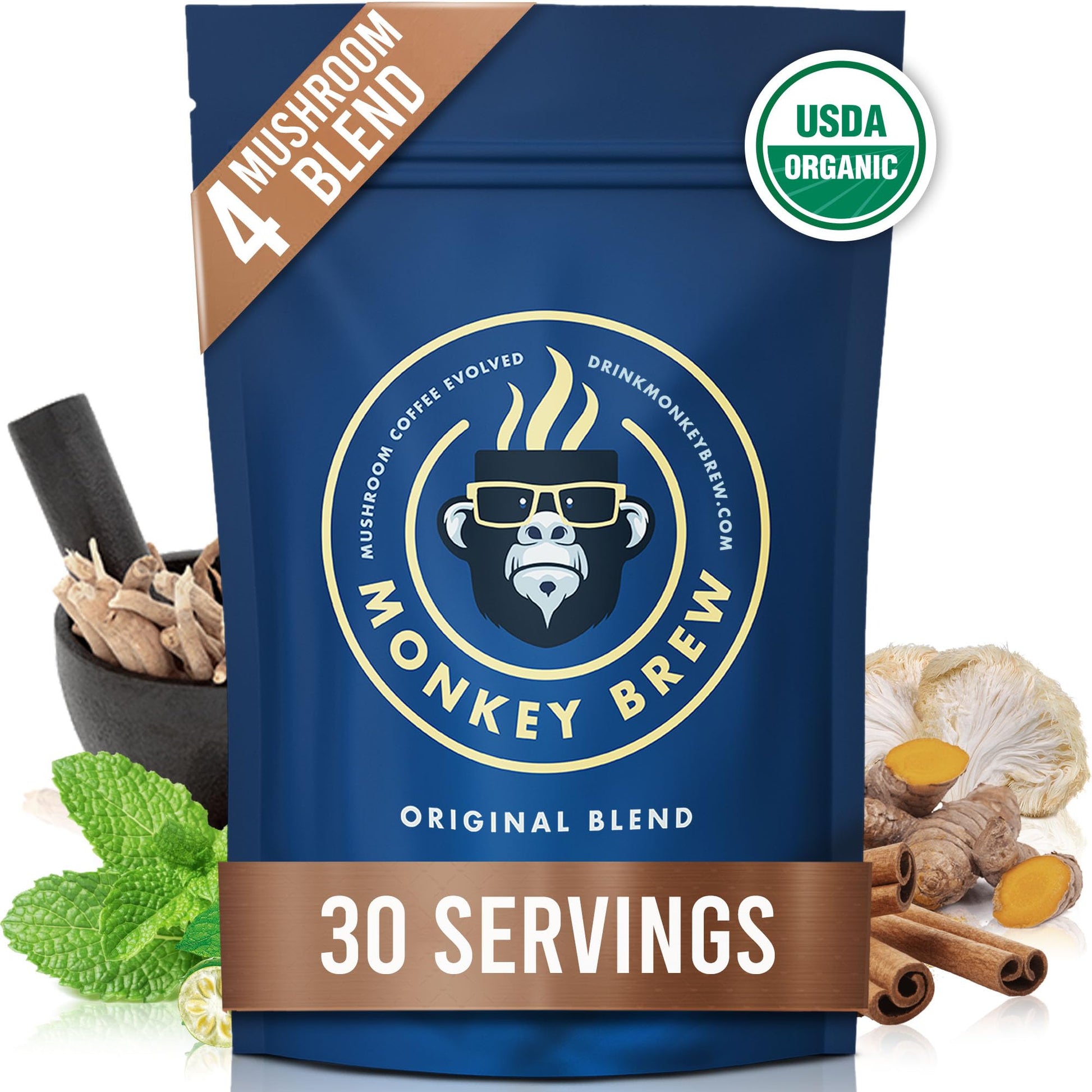 Monkey Brew - Four Mushroom Coffee Alternative Drink - LionS Mane  Cordyceps  Turkey Tail  Ashwagandha  Turmeric  Cacao & Chicory - Promotes Calmness  Energy  Focus & Gut Health - 30 Servings