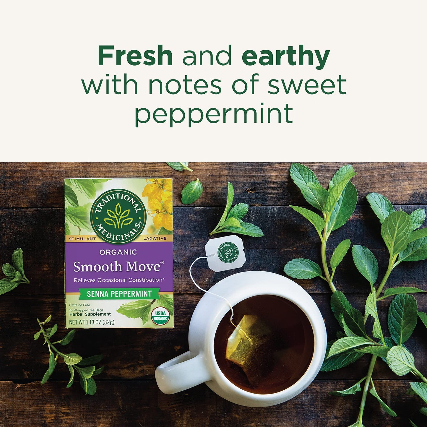 Traditional Medicinals Tea, Organic Smooth Move Peppermint, Relieves Occasional Constipation, Senna, 16 Count (Pack Of 6)