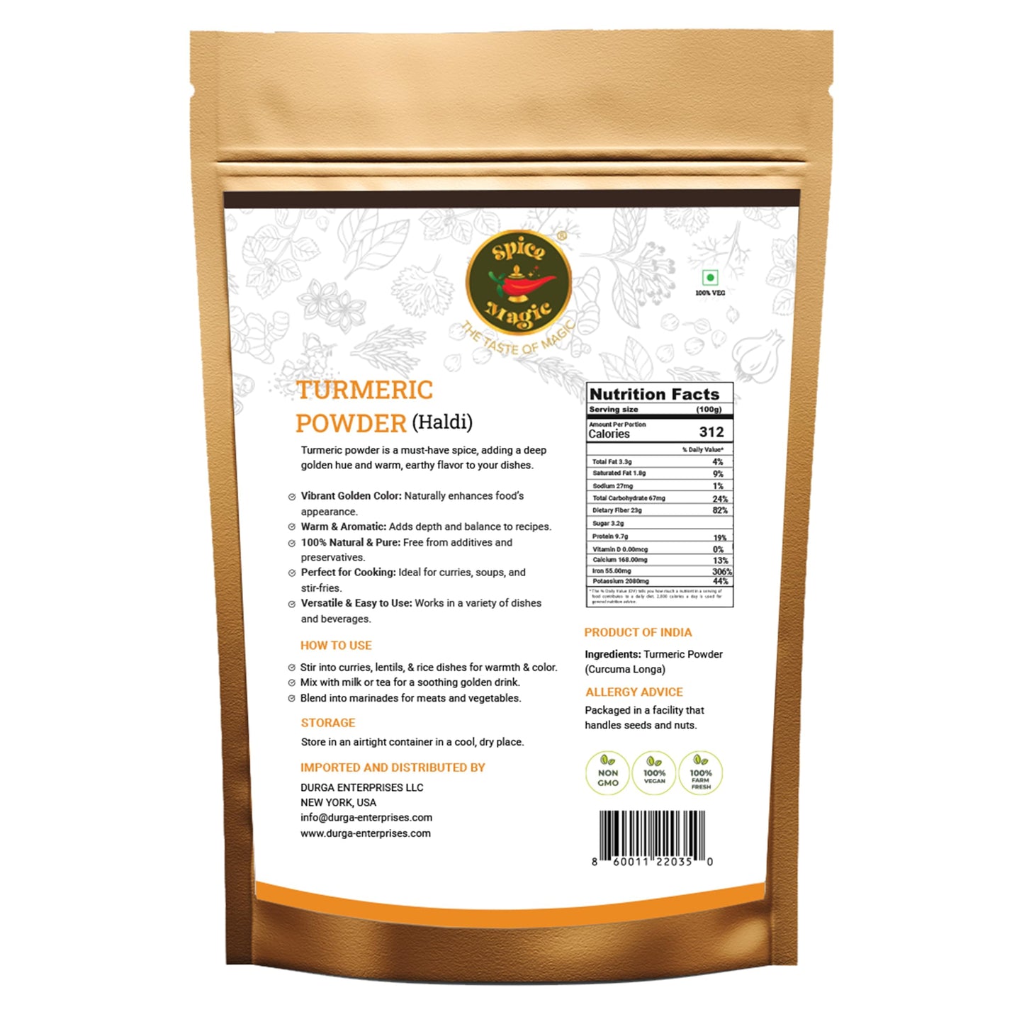 Spice Magic Turmeric Root Powder - 100% Pure And Natural, Non-Gmo, Gluten Free, High Curcumin - 7 Oz