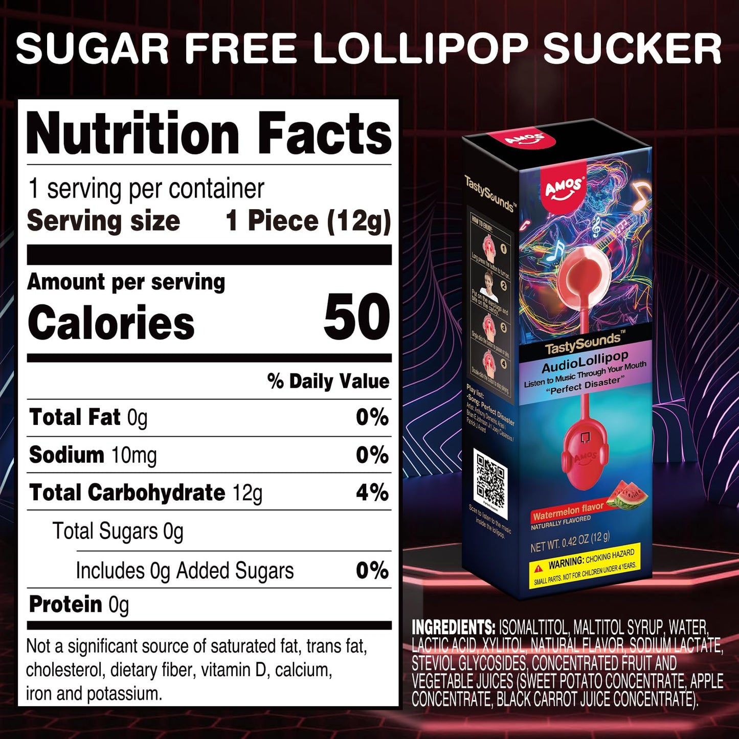 Amos Music Lollipop Candy Suckers, Audio Singing Lollipop Sugar Free, Unique Lover Gift, Individually Wrapped Watermelon Flavor