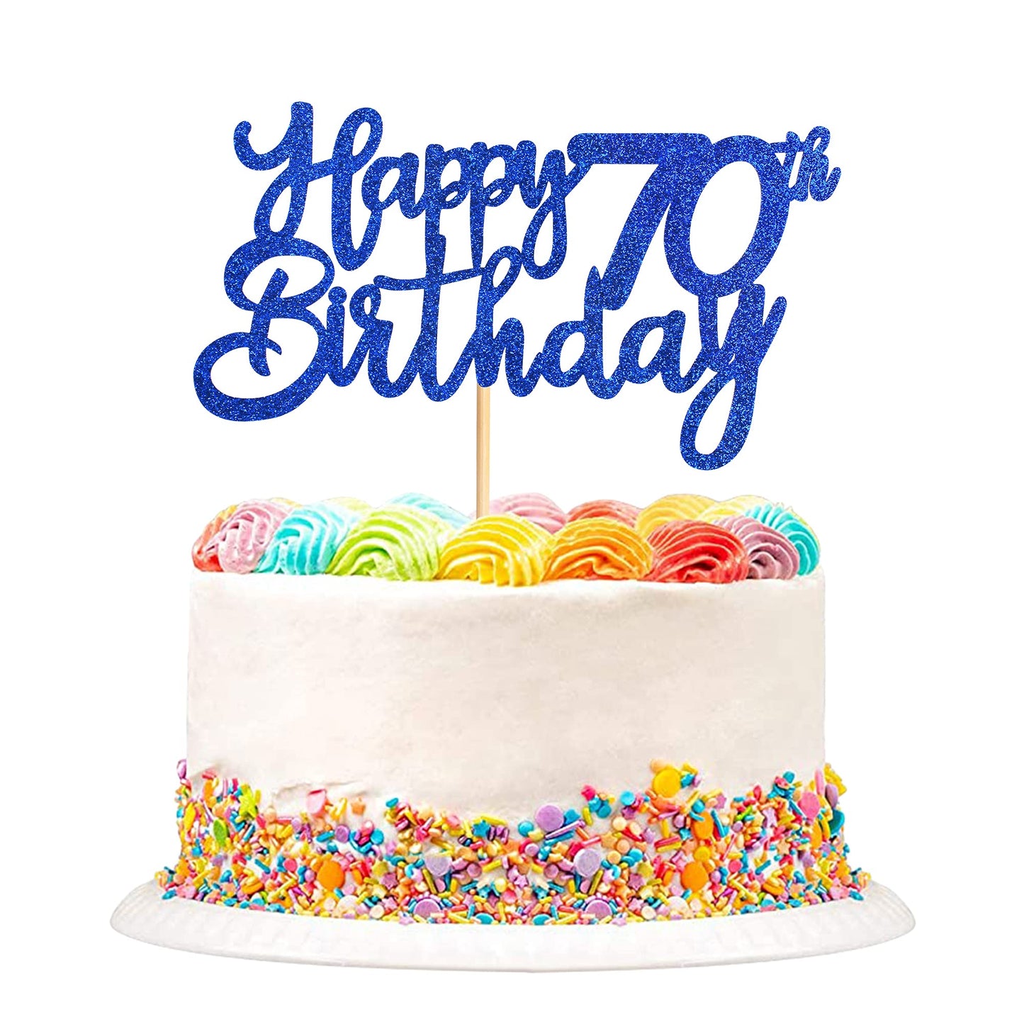 UNIMALL Cake Topper for 70th Birthday, Medium Size, Blue Glitter Paper Decorations