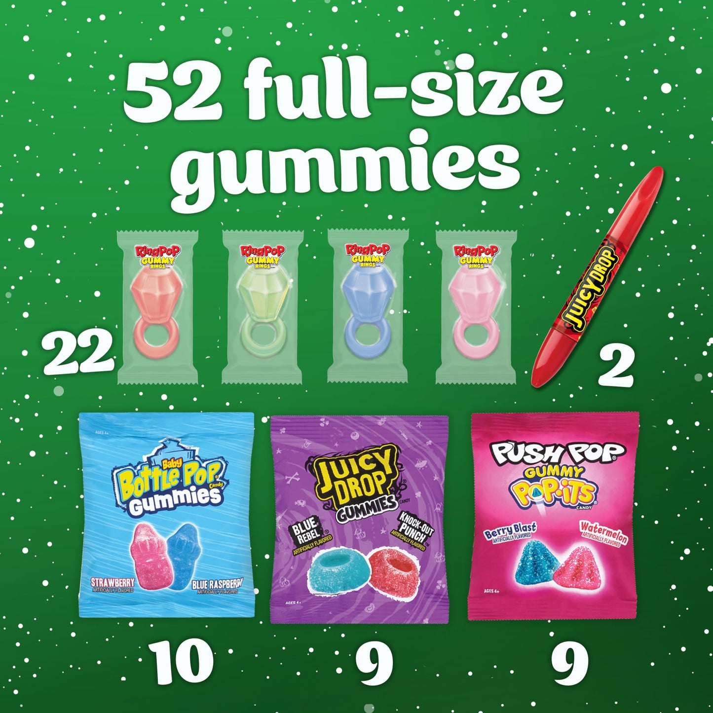 Bazooka Brands Christmas Gummy Candy Variety Pack, 52 Ct Chewy Gummy Candy Individually Wrapped in Fruity Flavors For Birthday P