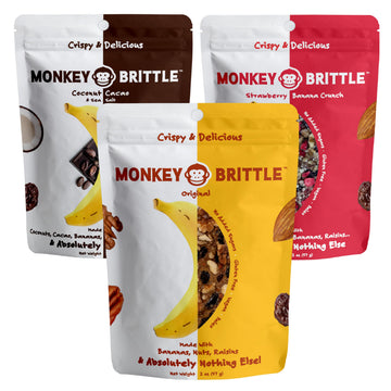 Monkey Brittle Healthy Snacks - Vegan Plant-Based Treats, Gluten-Free, Combo Pack of 3 (Original, Cacao Coconut, Strawberry Banana), 2 Ounce
