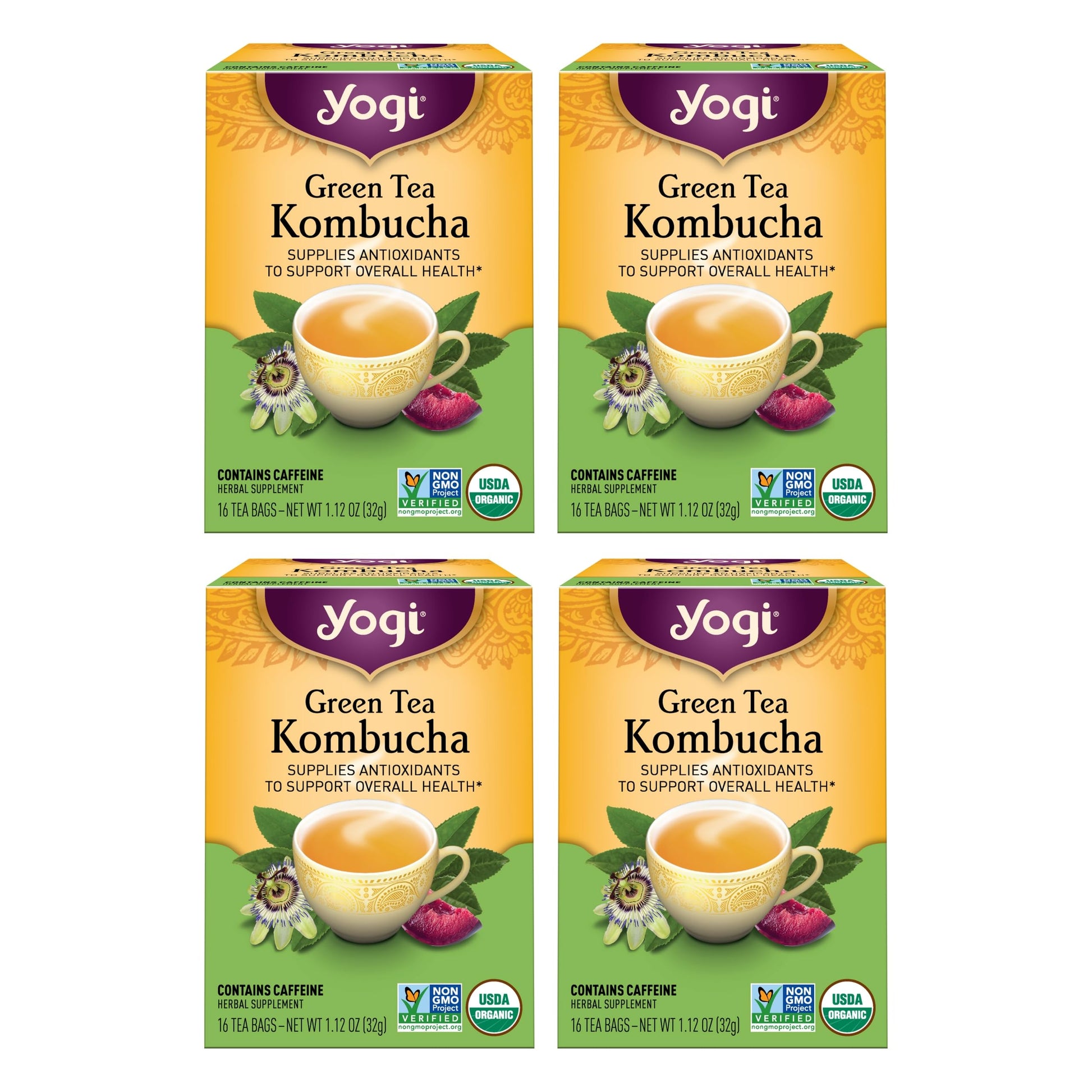 Yogi Tea Green Tea Kombucha Tea - 16 Tea Bags Per Pack (4 Packs) - Organic Green Tea With Kombucha To Support Overall Health - I