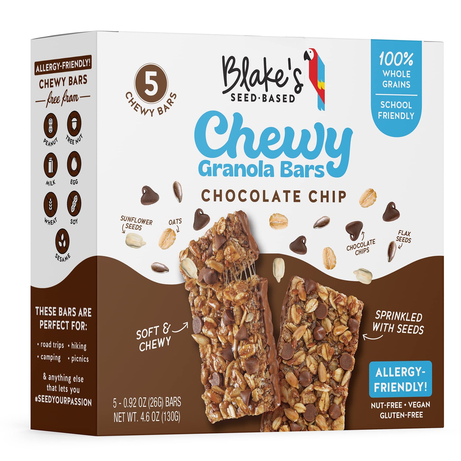 Blakes Seed Based Chewy Granola Bars - Chocolate Chip (5 Count), Vegan, Gluten Free, Nut Free & Dairy Free, Healthy Snacks for K