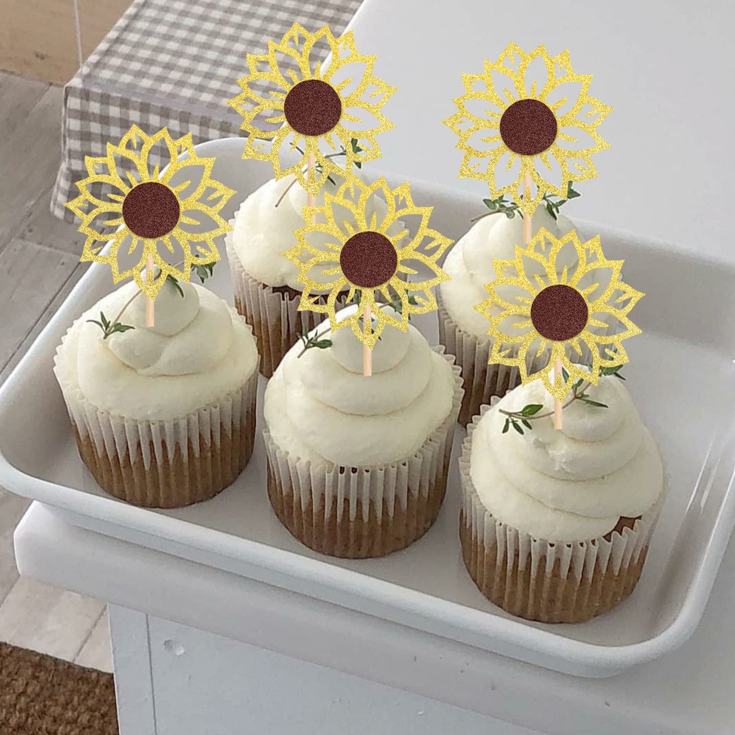 ZHUOWEISM 24 PCS Sunflower Cupcake Toppers - Glitter Flower Theme, Bamboo Material, Small Size, Design 1 for Birthday Party Decorations