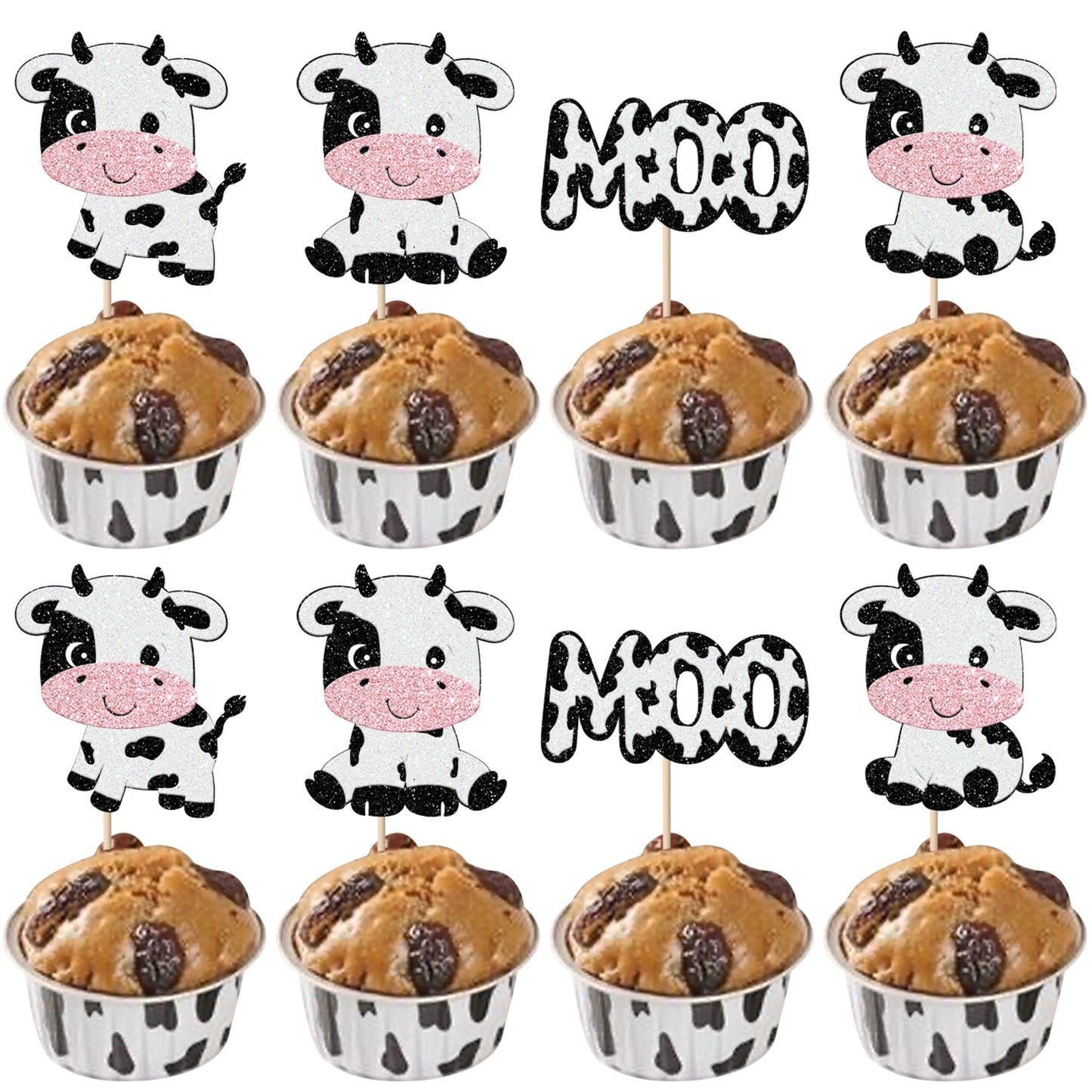Rsstarxi Cow Cupcake Toppers - 24 Pack Glitter Farm Animals - 2.1-4.9 inches - Design 11 for Baby Shower & Birthday Party Decorations