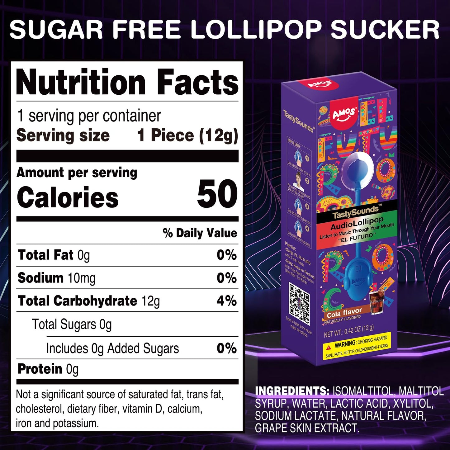 Amos Music Sugar-Free Lollipop Candy Suckers, Individually Wrapped Cola Flavor - Unique Gift, 1 Count