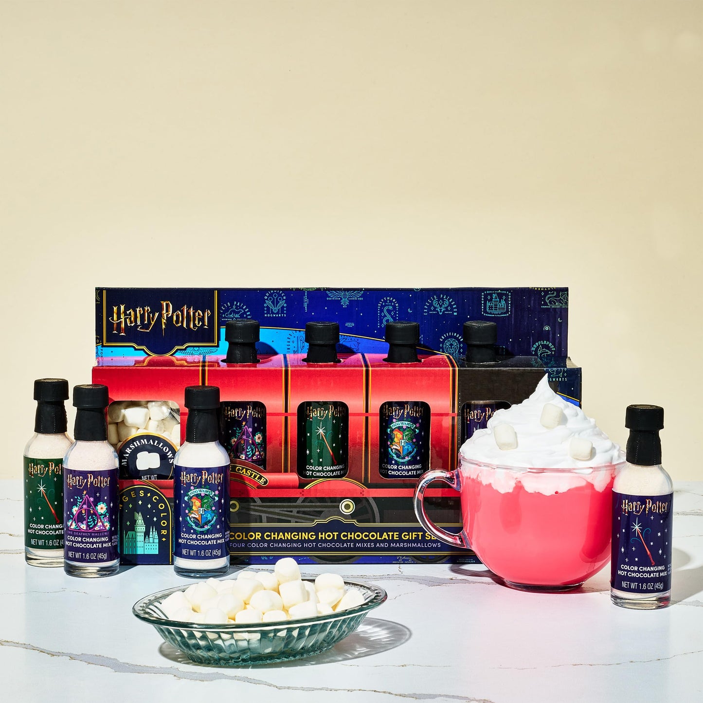 Harry Potter, Color Changing Hot Chocolate Gift Set, Includes 4 Bottles Of Color Changing Hot Cocoa Mix And Marshmallows In Hogwarts Express Train Box
