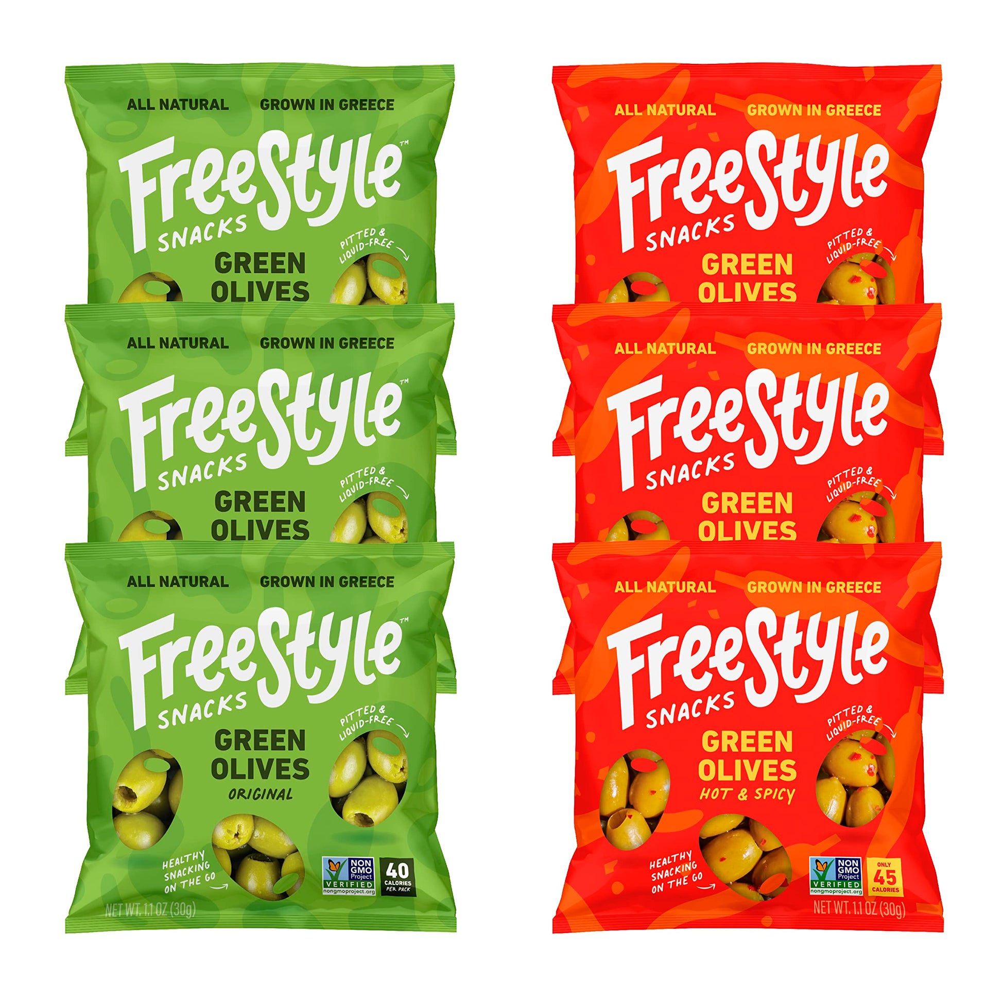 Freestyle Snacks Olive Snack Packs - Jumbo Pitted Green Olives, All Natural, 1.1oz (6 Pack)