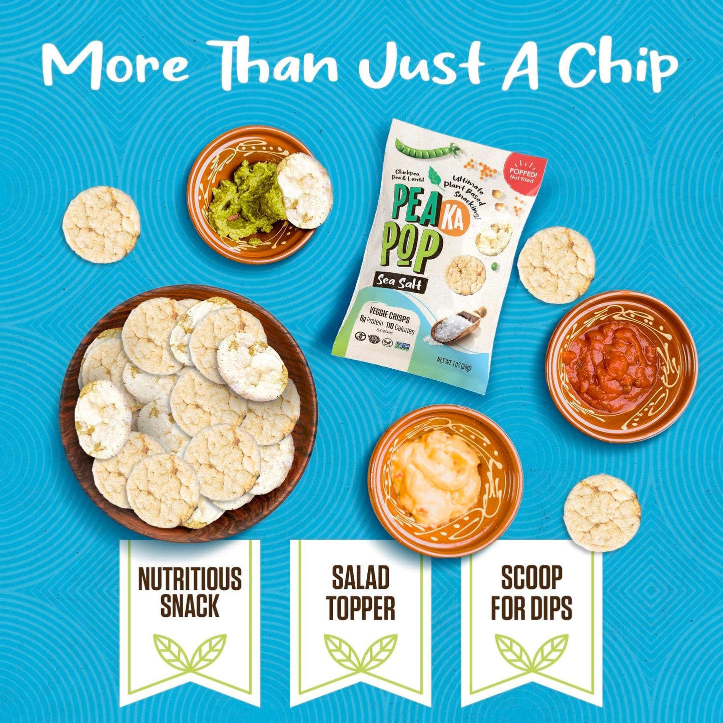 PEAKAPOP Veggie Chips - Plant-Based Crisps with Pea, Lentil & Chickpea Protein - Vegan, Gluten-Free - 15 oz (15-Pack) - Sea Salt