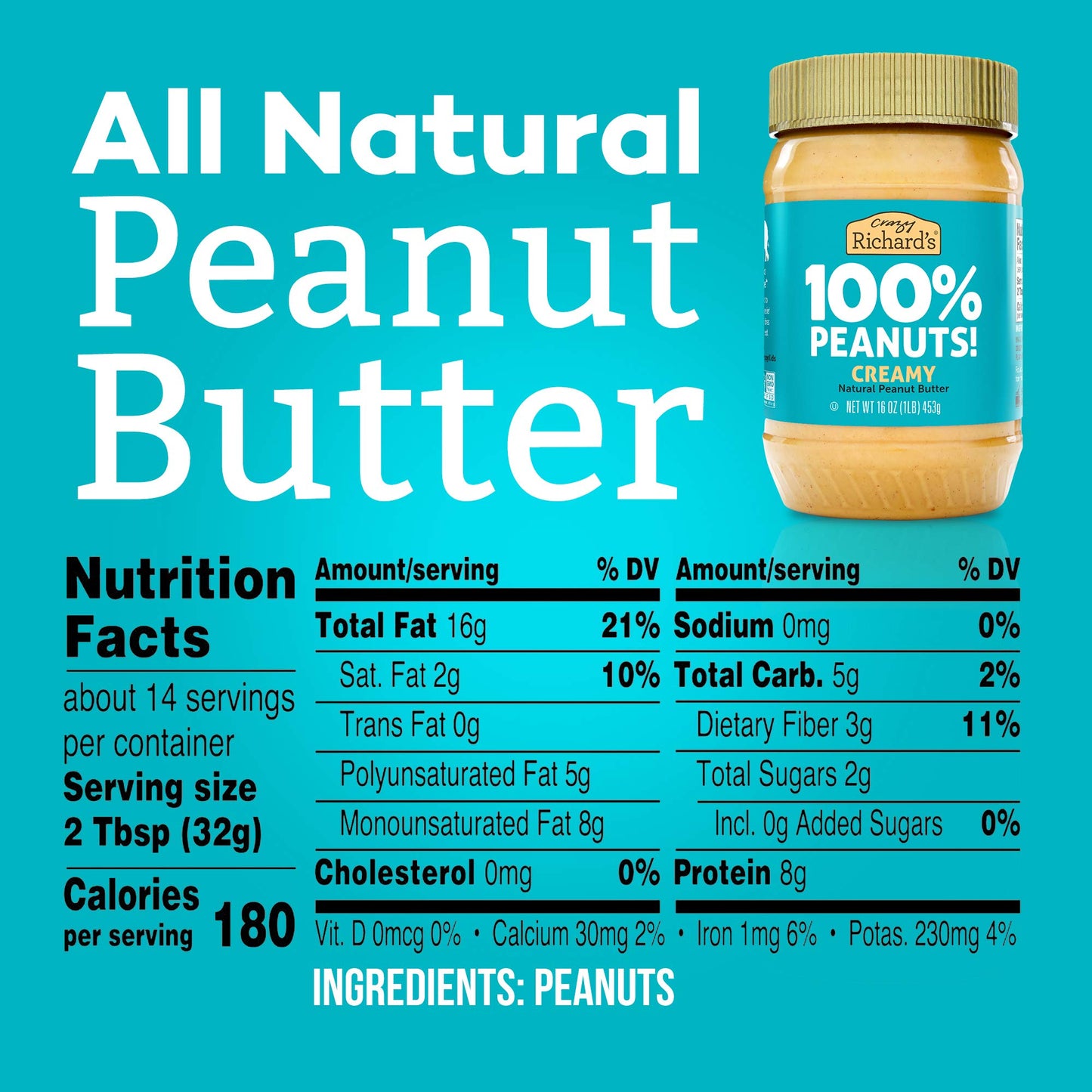 Crazy Richards Creamy Peanut Butter, 100% Natural, Non-GMO, Gluten-Free, 16 Ounce Jars (Pack of 6)