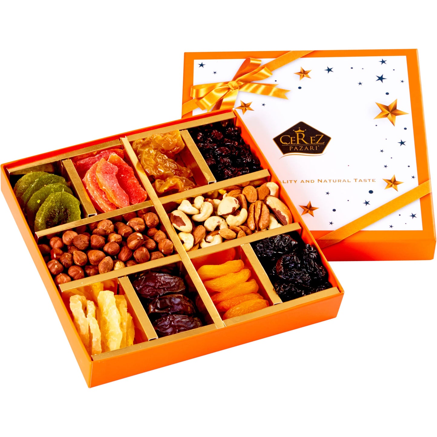 Dried Fruit And Nuts Gift Basket - Gourmet Holiday Gift Box - 10 Variety Holiday Healthy Snack - 1.43 Lbs Elegant Orange Box - C