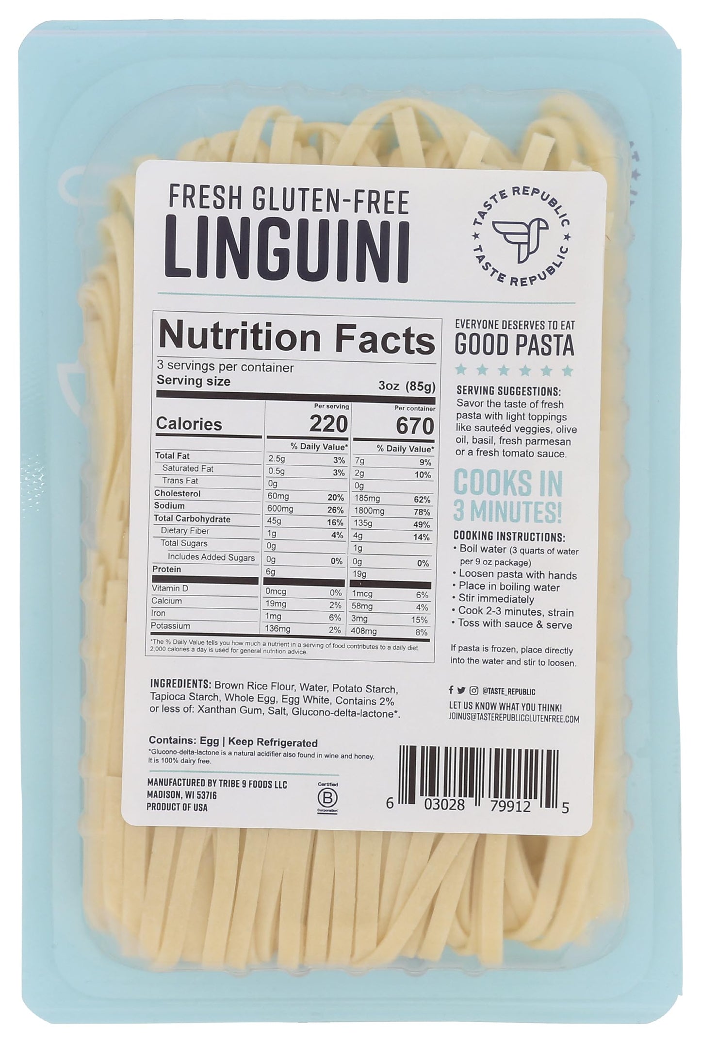 Gluten-Free Pasta, Linguini, Fresh Brown Rice Noodles Cook in Just 3 Minutes by Taste Republic, 9oz