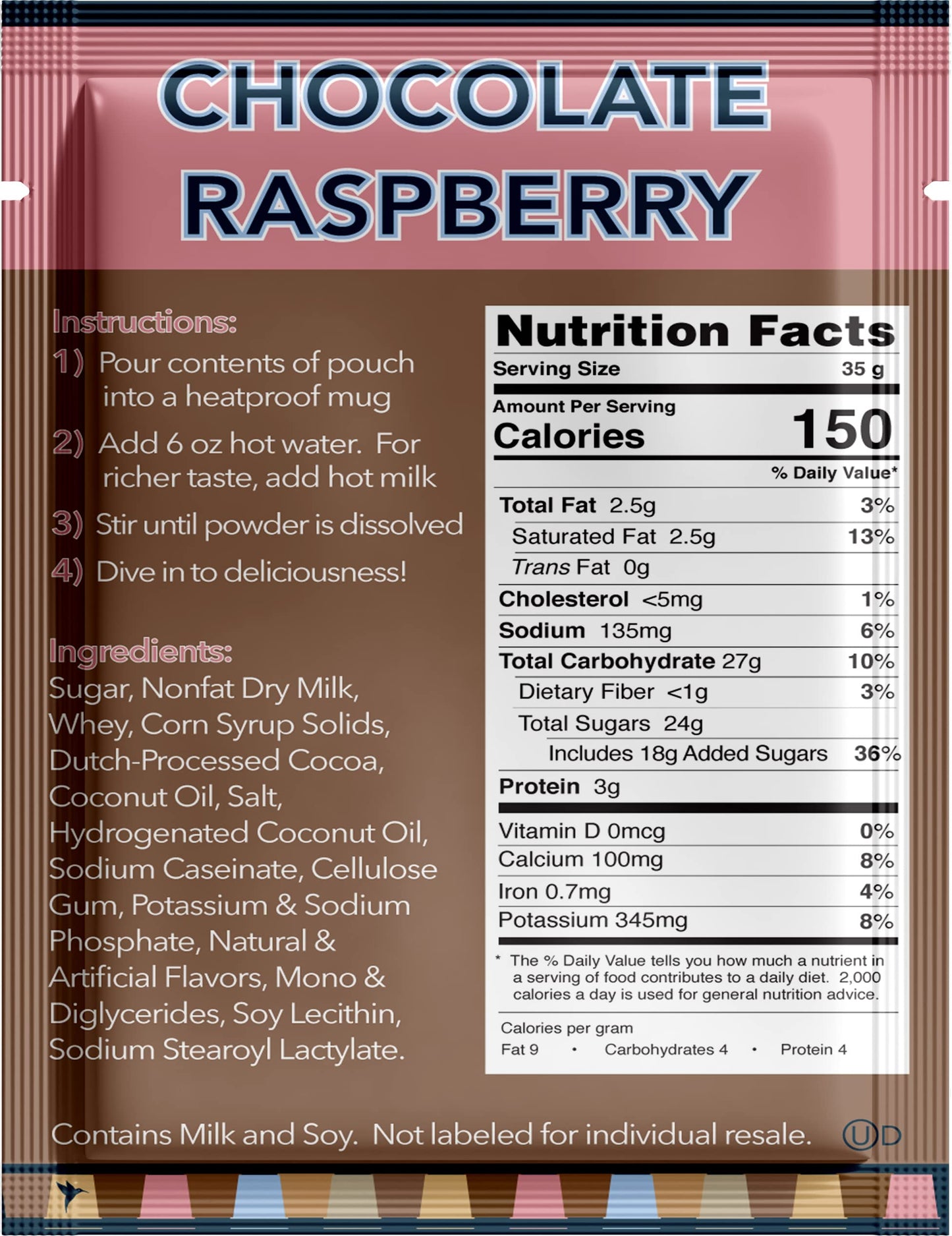 Double Donut Coffee Hot Chocolate Packets, Raspberry Flavor, 18 Count
