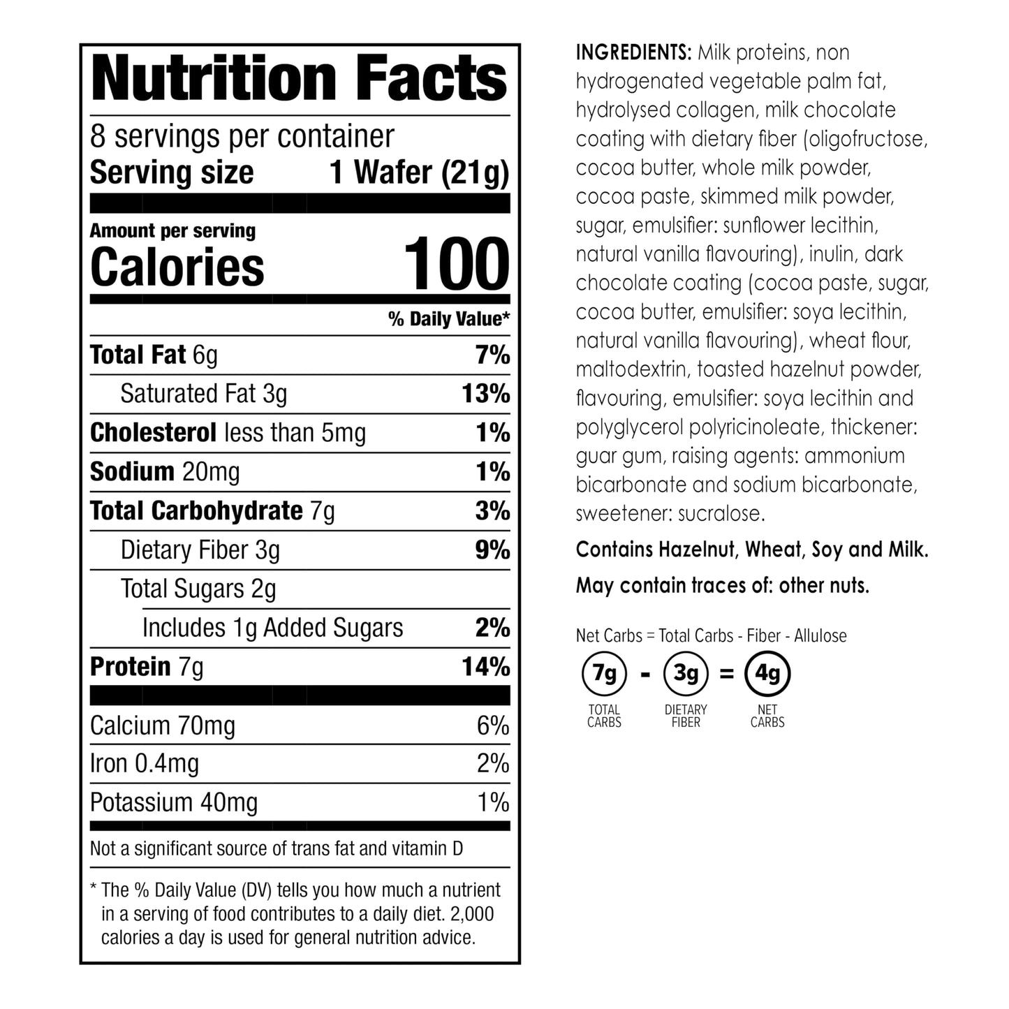 BariWise Protein Wafer Bar, Chocolate Hazelnut, High Fiber, Low Carb, 8 Count Box
